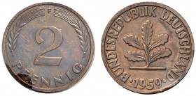 Deutsche Münzen und Medaillen ab 1871 
 Bundesrepublik Deutschland 
 2 Pfennig 1959 F. J. 381. Auflage: nur 75 Exemplare
 Polierte Platte