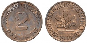 Deutsche Münzen und Medaillen ab 1871 
 Bundesrepublik Deutschland 
 2 Pfennig 1960 F. J. 381. Auflage: nur 75 Exemplare
 Polierte Platte