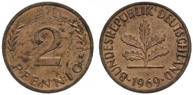 Deutsche Münzen und Medaillen ab 1871 
 Bundesrepublik Deutschland 
 2 Pfennig 1969 J. Nicht magnetisch. J. 381. Auflage: ca. 550 Exemplare
 selten...
