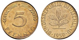 Deutsche Münzen und Medaillen ab 1871 
 Bundesrepublik Deutschland 
 5 Pfennig 1950 D. J. 382. Auflage: 400 Exemplare
 Polierte Platte