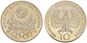 Deutsche Münzen und Medaillen ab 1871 
 Bundesrepublik Deutschland 
 10 Deutsche Mark 1972 J. Olympische Spiele-Flamme. Mit ca. 40 Grad Stempeldrehu...