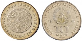 Deutsche Münzen und Medaillen ab 1871 
 Deutsche Demokratische Republik 
 10 Mark-Motiv-PROBE 1981. 700 Jahre Münzprägung in Berlin. Avers mit Darst...