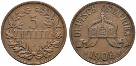 Deutsche Münzen und Medaillen ab 1871 
 Nebengebiete 
 Deutsch-Ostafrika 
 Cu-5 Heller 1908 J. J. 717.
 fast vorzüglich
