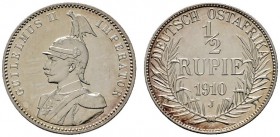 Deutsche Münzen und Medaillen ab 1871 
 Nebengebiete 
 Deutsch-Ostafrika 
 1/2 Rupie 1910 J. J. 721.
 Prachtexemplar trotz minimaler Kratzer, Poli...