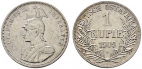 Deutsche Münzen und Medaillen ab 1871 
 Nebengebiete 
 Deutsch-Ostafrika 
 Rupie 1909 A. J. 722.
 seltenes Jahr, kleiner Kratzer auf dem Avers, se...