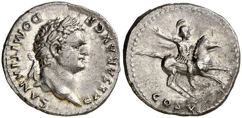 (77-78 d.C.). Domiciano. Denario. (Spink 2638) (S. 49a) (RIC. 957, de Vespasiano...