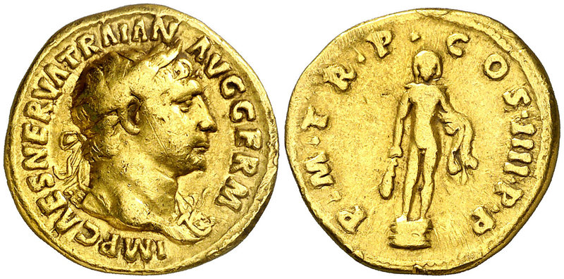 (102 d.C.). Trajano. Áureo. (Spink 3095 var) (Co. 232) (RIC. 50) (Calicó 1053). ...