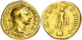 (102 d.C.). Trajano. Áureo. (Spink 3095 var) (Co. 232) (RIC. 50) (Calicó 1053). 7,05 g. MBC.