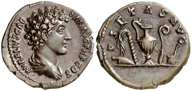 (142 d.C.). Marco Aurelio. Denario. (Spink 4786 var) (S. 452) (RIC. 424b de Anto...