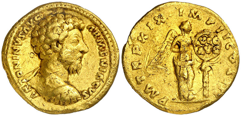 (165 d.C.). Marco Aurelio. Áureo. (Spink 4864 var) (Co. 475) (RIC. 127) (Calicó ...