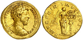 (165 d.C.). Marco Aurelio. Áureo. (Spink 4864 var) (Co. 475) (RIC. 127) (Calicó 1891). 7,34 g. Raspaduras. MBC-.