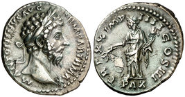 (166 d.C.). Marco Aurelio. Denario. (Spink 4915) (Co. 435) (RIC. 159). 3,31 g. EBC-.