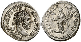 (209 d.C.). Caracalla. Denario. (Spink 6815 var) (S. 129) (RIC. 216). 3,23 g. EBC/EBC-.