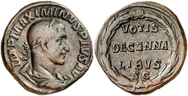 (235 d.C.). Maximino I. Sestercio. (Spink 8343) (Co. 118) (RIC. 75). 21,54 g. Ex Colección Manuela Etcheverría. Escasa. MBC+.