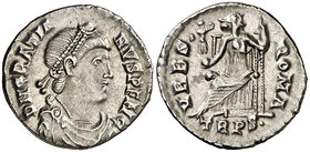 (368-375 d.C.). Graciano. Treveri. Siliqua. (Spink 19964) (S. 86a) (RIC. 27f). 1,85 g. Ex Colección Manuela Etcheverría. MBC+.
