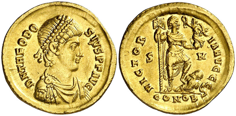 (393-395 d.C.). Teodosio I. Sirmium. Sólido. (Spink 20423) (Co. 38 var) (RIC. 14...