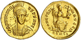 (395-402 d.C.). Honorio. Constantinopla. Sólido. (Spink 20899) (Co. 3) (RIC. 8). 4,30 g. Rayita en anverso. Ex Colección Manuela Etcheverría. MBC+.