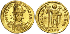 (424-425 d.C.). Teodosio II. Tesalónica. Sólido. (Spink 21138) (Ratto 151) (RIC. 361). 4,32 g. Ex Colección Manuela Etcheverría. EBC-.