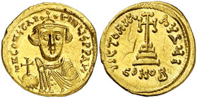 Constante II (641-668). Constantinopla. Sólido. (Ratto falta) (S. 938). 4,44 g. Parte del anverso calcado en reverso. Muy bella. EBC+.