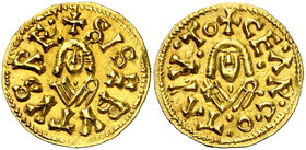 Sisebuto (612-621). Cesaragusta (Zaragoza). Triente. (CNV. 269.3) (R. Pliego 247d, mismo ejemplar). 1,43 g. Rara. EBC-.