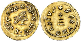 Egica (687-702). Gerunda (Girona). Triente. (CNV. 548, mismo ejemplar) (R. Pliego 668b). 1,37 g. Muy rara. MBC+.