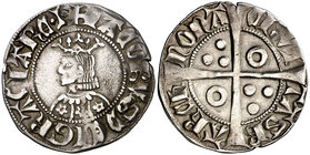 Jaume II (1291-1327). Barcelona. Croat. (Cru.V.S. falta) (Cru.C.G. 2156a). 3,16 g. Flores de cinco pétalos en el vestido. Letras A con travesaño excep...