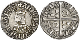 Alfons III (1327-1336). Barcelona. Croat. (Cru.V.S. 366.1, mismo ejemplar) (Cru.C.G. 2184c, mismo ejemplar). 3,15 g. Flores de 6 pétalos en el vestido...