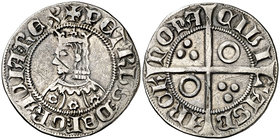 Pere III (1336-1387). Barcelona. Croat. (Cru.V.S. 403.1) (Cru.C.G. 2220i). 2,87 g. Flores de seis pétalos en el vestido. Letras A y U góticas, T latin...