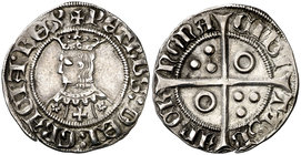 Pere III (1336-1387). Barcelona. Croat. (Cru.V.S. 408.7) (Badia 282, mismo ejemplar) (Cru.C.G. 2223 var). 3,24 g. Flores de cinco pétalos y cruz en el...