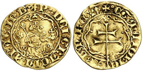 Pere III (1336-1343-1387). Mallorca. Quart de ral d'or. (Cru.V.S. 442.1) (Cru.C.G. 2255). 0,95 g. Bonito color. Rara. MBC+.