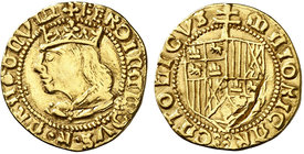 Ferran II (1479-1516). Mallorca. Ducat. (Cru.V.S. 1170) (Cru.C.G. 3089 var). 3,31 g. Letras A góticas. Grieta que atraviesa el cospel. Ex Áureo Selecc...
