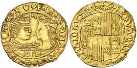 Ferran II (1479-1516). València. Ducat. (Cru.V.S. 1198 var) (Cru.C.G. 3115 var). 3,47 g. Corona entre los bustos, S/S en exergo. Golpecitos. Ex Colecc...