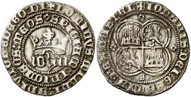 Juan I (1379-1390). Sevilla. Real. (AB. 539.1). 3,26 g. INIMICOS rectificado sobre MEOS. Limpiada. Ex Colección Manuela Etcheverría. MBC.