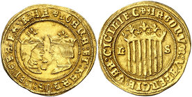 s/d. Juana y Carlos. Zaragoza. Doble ducado. (Cal. 29 var) (Cru.C.G. 4227 var). 6,97 g. Rara. MBC+.