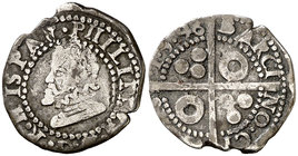 1596. Felipe II. Barcelona. 1/2 croat. (Cal. falta) (Badia falta) (Cru.C.G. falta). 1,42 g. Rara. MBC-.