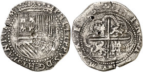 s/d. Felipe II. Lima. X (Xinés Martínez). 4 reales. (Cal. 327). 11,74 g. Tres intentos de perforación. Rarísima. (MBC-).