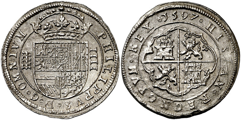 1597. Felipe II. Segovia. 4 reales. (Cal. 385). 13,55 g. Tipo OMNIVM. Acuñada so...