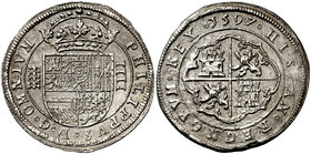 1597. Felipe II. Segovia. 4 reales. (Cal. 385). 13,55 g. Tipo OMNIVM. Acuñada sobre otra moneda. Muy rara. Sólo hemos tenido este ejemplar. (EBC-/MBC)...