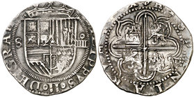 s/d. Felipe II. Sevilla. 4 reales. (Cal. 390). 13,54 g. Sin flor de lis entre escudo y corona. MBC+.