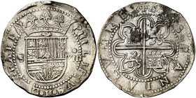 s/d. Felipe II. Sevilla. . 8 reales. (Cal. 235). 27,19 g. Mínimas oxidaciones en reverso. Buen ejemplar. MBC+.
