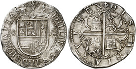 s/d. Felipe II. Sevilla. . 8 reales. (Cal. 235). 27,24 g. Muy atractiva. Rara así. EBC-.