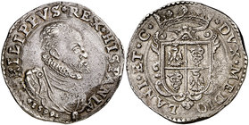 1599. Felipe II. Milán. 1 escudo. (Vti. 60) (MIR. 308/31). 32,08 g. Ex Áureo 18/12/2001, nº 554. Muy rara. MBC+.