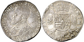1558. Felipe II. Amberes. 1 escudo felipe. (Vti. 1156) (Vanhoudt 253.AN). 34,34 g. Con el título de rey de Inglaterra. Atractiva. Parte de brillo orig...