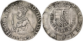 1579. Felipe II. Hasselt. 1 escudo de los Estados. (Vti. 1352) (Vanhoudt 374.HS). 26,23 g. Acuñada por los Estados Generales. Algo recortada. Ex Áureo...