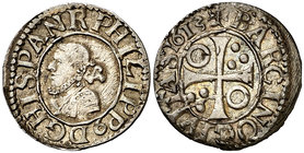 1613. Felipe III. Barcelona. 1/2 croat. (Cal. 537) (Cru.C.G. 4342g). 1,63 g. Bella. Parte de brillo original. Ex Áureo 29/10/1992, nº 239. EBC.