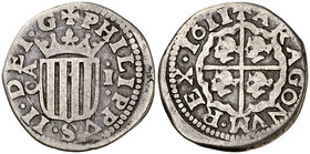 1611. Felipe III. Zaragoza. 1 real. (Cal. 524). 2,84 g. Escasa. MBC-.