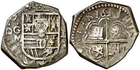 1613/2. Felipe III. Granada. M. 2 reales. (Cal. 329 var) (Rodríguez Lorente 110, mismo ejemplar). 6,64 g. Ex Áureo 15/12/1992, nº 481. Ex Colección Ba...