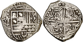 (1618-21). Felipe III. Potosí. T. 8 reales. (Cal tipo 59). 26,96 g. Marca de ceca invertida. Rara. MBC-.