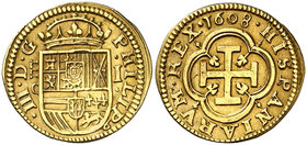 1608. Felipe III. Segovia. C. 1 escudo. (Cal. 61). 3,16 g. Leves marquitas. Precioso color. Muy escasa. EBC.