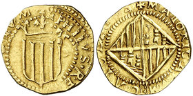 s/d. Felipe III. Mallorca. 2 escuts. (Cal. 52 de Felipe II), mismo ejemplar) (Cru.C.G. 4350a, mismo ejemplar). 6,80 g. Atractiva. No figuraba en la Co...